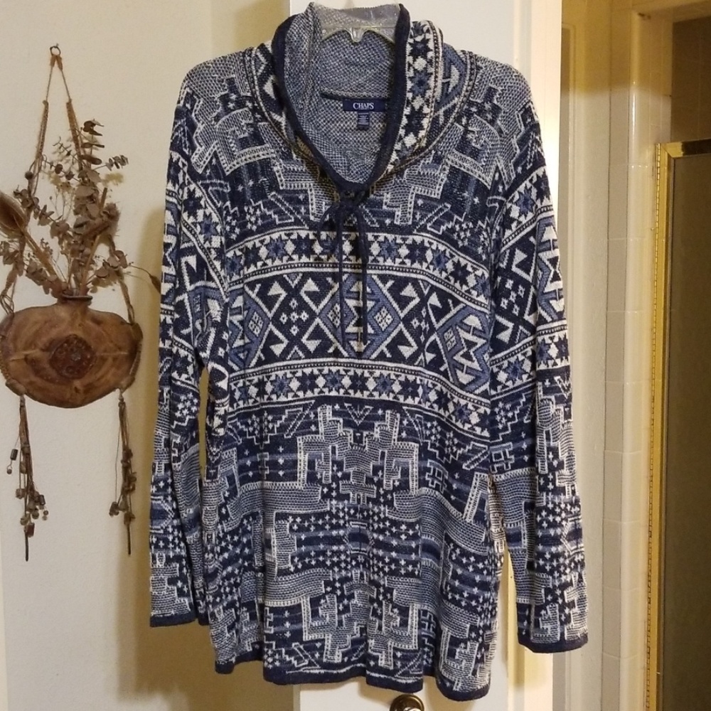 2X funnel neck sweater blue/cream Aztec print